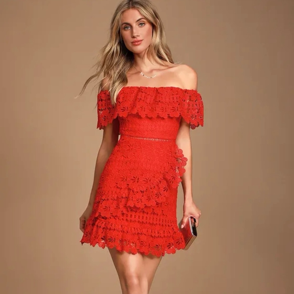 FRILL AND GRACE RED LACE OFF THE SHOULDER DRESS
